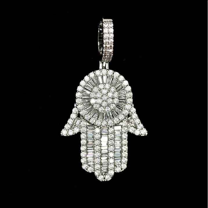 Baguette Diamond Hamsa hand + Rope chain | White Gold Plated