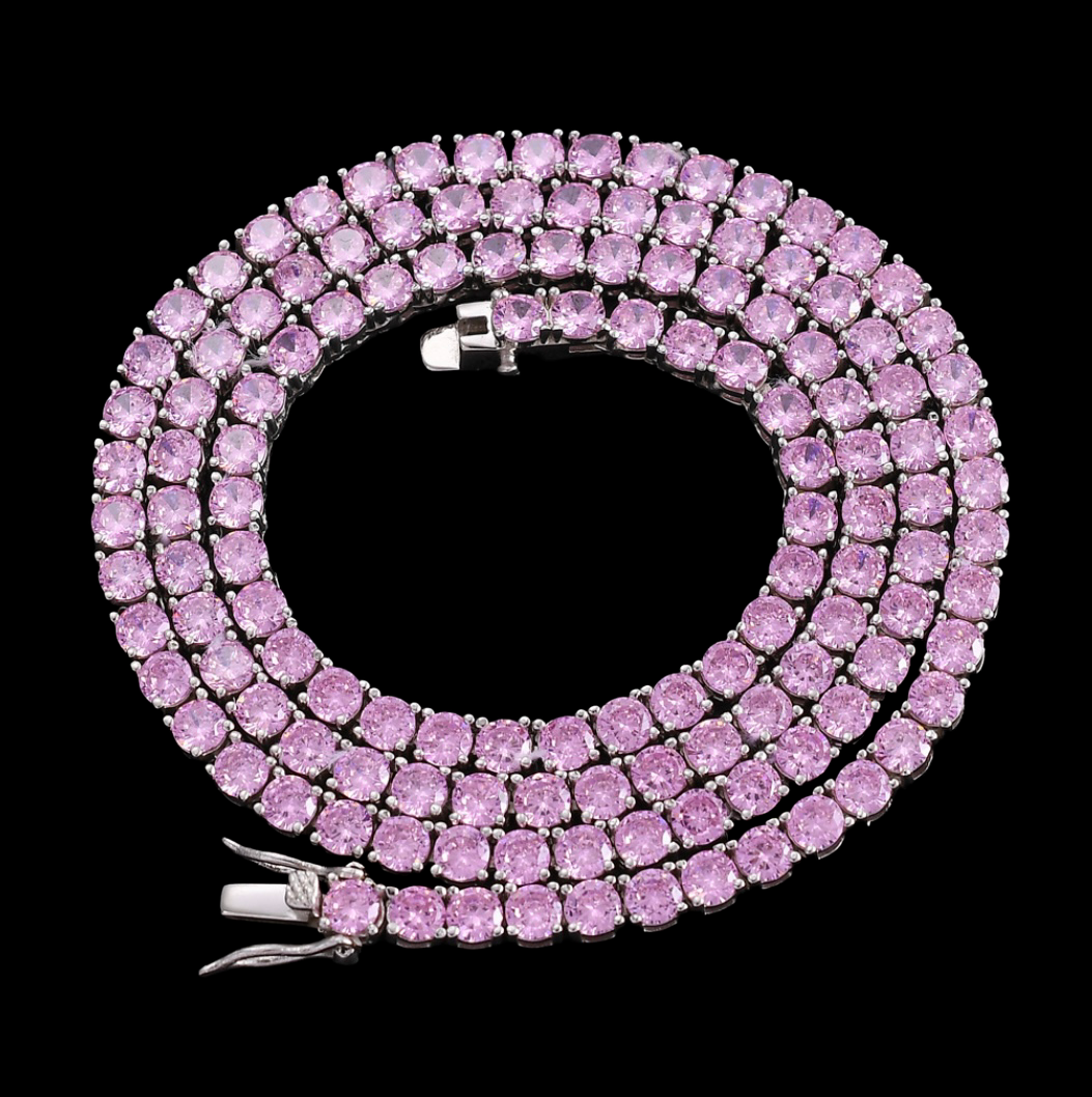 Collier Tennis Plaqué Or Blanc et Diamants Roses