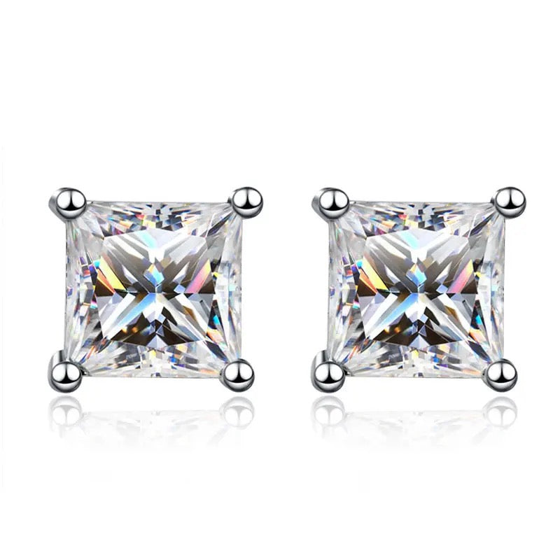 Boucles d'oreilles en argent Moissanite Diamond Cut Princess