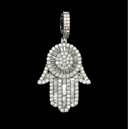 Baguette Diamanten Hamsa hand + Rope ketting | White Gold Plated