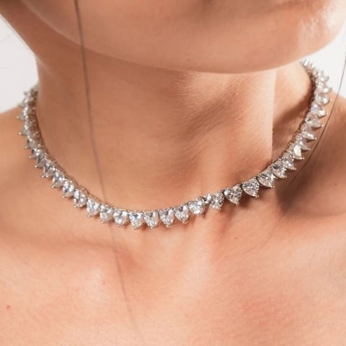 Collier Tennis Cœurs Plaqué Or Blanc