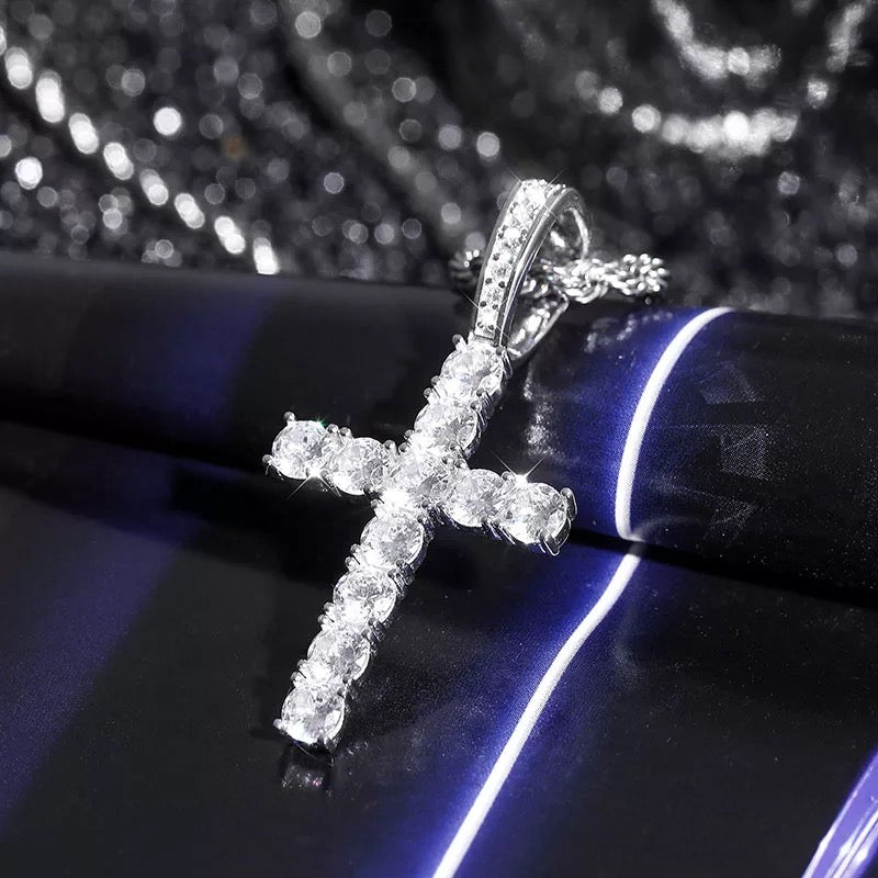 Silver Diamond Tennis Cross Pendant