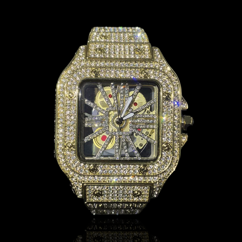 King Square Skeleton 50mm – Fully Iced Goud Verguld Horloge
