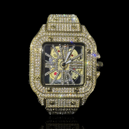 King Square Skeleton 50mm – Fully Iced Goud Verguld Horloge