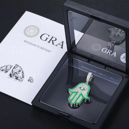 Silver Glow in the dark Hamsa hand with Moissanite diamonds