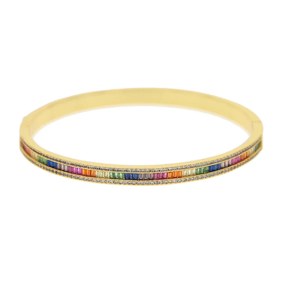 Gold Plated Multi-colored Baguette Diamond Bangle