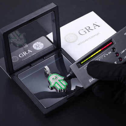 Silver Glow in the dark Hamsa hand with Moissanite diamonds