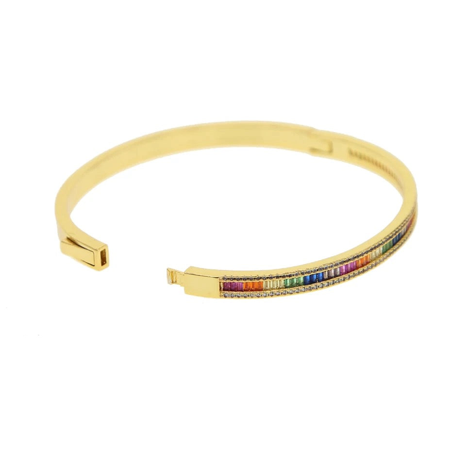 Gold Plated Multi-colored Baguette Diamond Bangle