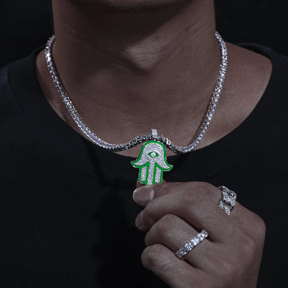 Silver Glow in the dark Hamsa hand with Moissanite diamonds