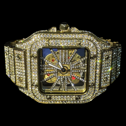 King Square Skeleton 50mm – Fully Iced Goud Verguld Horloge