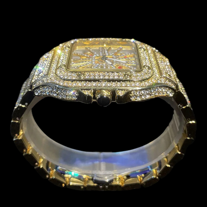 King Square Skeleton 50mm – Fully Iced Goud Verguld Horloge