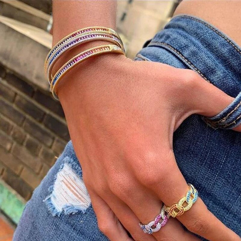 Gold Plated Multi-colored Baguette Diamond Bangle