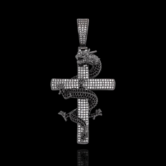 Pendentif Croix Iced Out Noire Avec Dragon