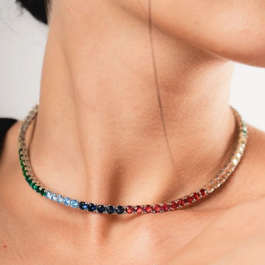 COLLIER TENNIS CHOKER MULTICOLORE PLAQUÉ OR BLANC