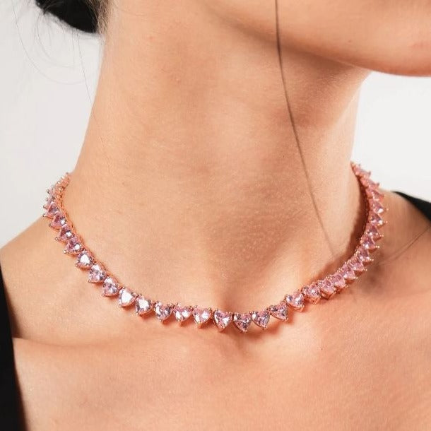Collier Tennis Coeurs Plaqué Or Rose